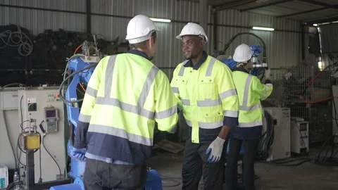 Engineer work at robotic arm factory. Stock Footage 244561249