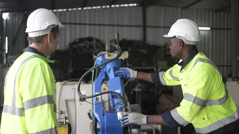 Engineer work at robotic arm factory. 스톡 동영상 244561264