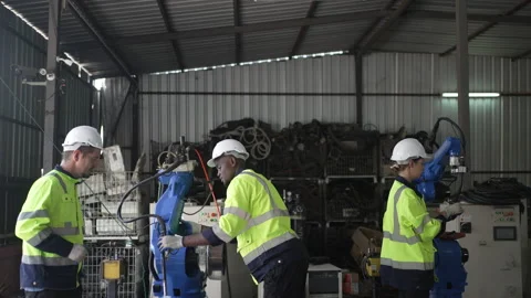 Engineer work at robotic arm factory. Stock Footage 244561270