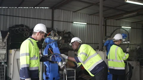 Engineer work at robotic arm factory. 스톡 동영상 244561280