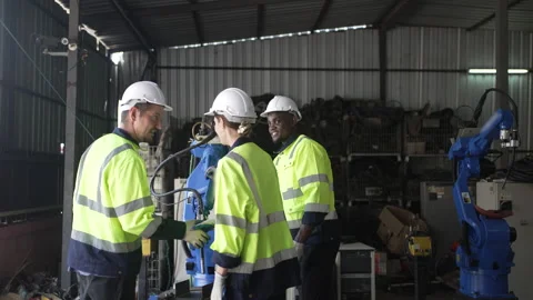 Engineer work at robotic arm factory. Stock Footage 244561347