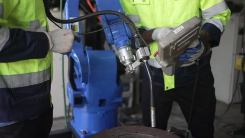 Engineer work at robotic arm factory. Stock Footage 244561534