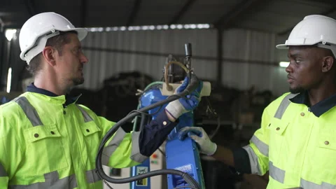 Engineer work at robotic arm factory. 스톡 동영상 244561548