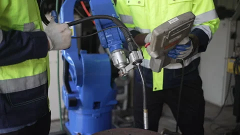 Engineer work at robotic arm factory. 스톡 동영상 244561566