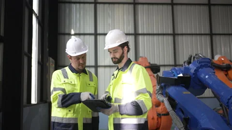 Engineer work at robotic arm factory. 스톡 동영상 244561665