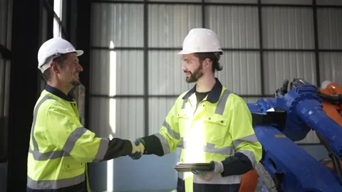 Engineer work at robotic arm factory. Stock Footage 244561666