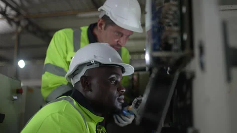 Engineer work at robotic arm factory. Stock Footage 244561759