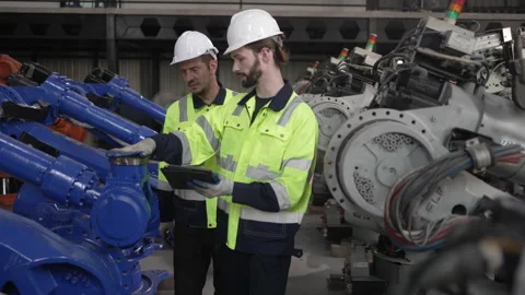 Engineer work at robotic arm factory. Stock Footage 244561866
