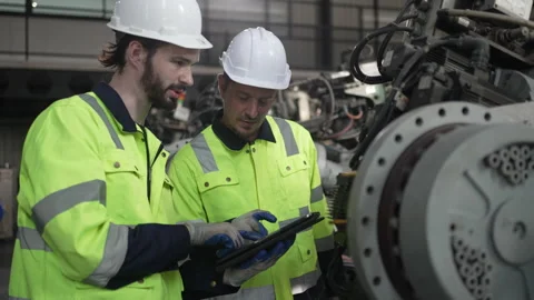 Engineer work at robotic arm factory. Stock Footage 244561885