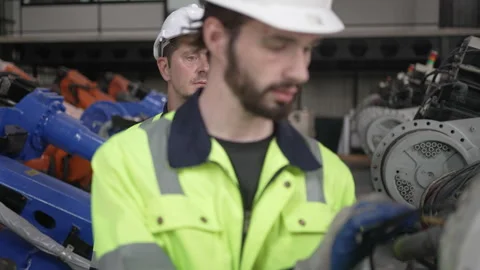 Engineer work at robotic arm factory. Stock Footage 244561903