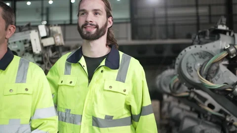 Engineer work at robotic arm factory. Stock Footage 244561929