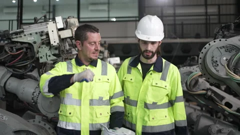 Engineer work at robotic arm factory. 스톡 동영상 244562518