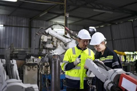 Engineer work at robotic arm factory. Stock Photos