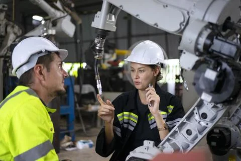 Engineer work at robotic arm factory. Stock Photos
