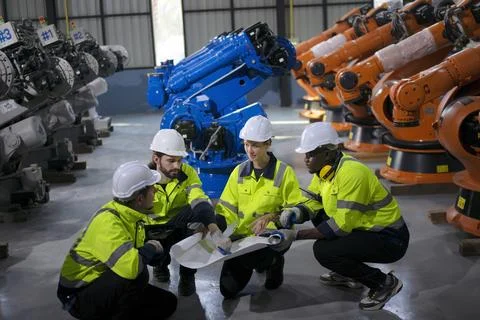 Engineer work at robotic arm factory. Stock Photos