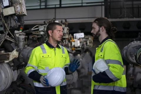 Engineer work at robotic arm factory. Stock Photos