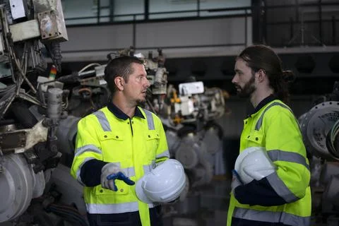 Engineer work at robotic arm factory. Stock Photos