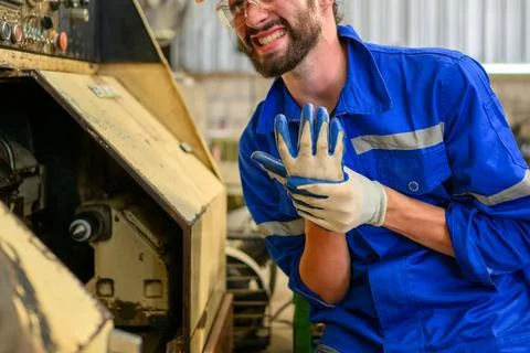 Engineer worker with accident at factory Stock Photos