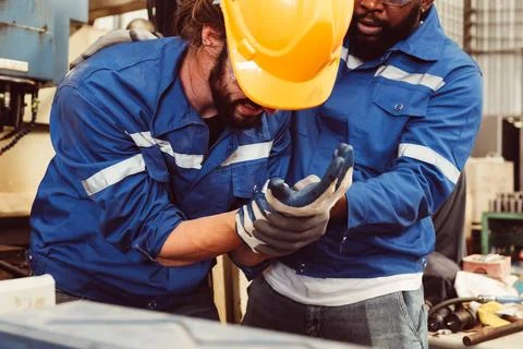 Engineer worker with accident at factory 스톡 사진