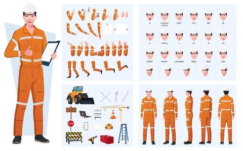Engineer, Worker Character Creation and Animation Pack, Man Wearing Overalls Stock Illustration