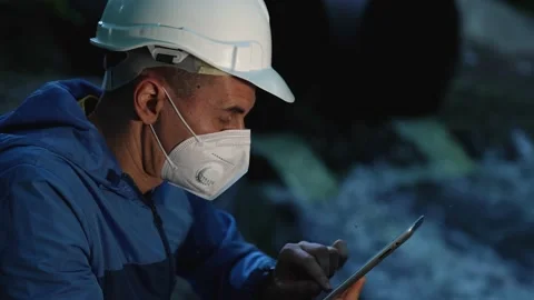 Engineer worker checking water quality of river. Wastewater treatment test Stock Footage 171610186