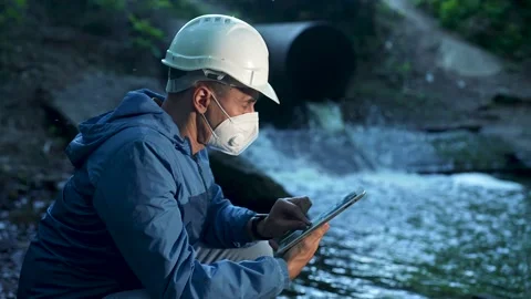 Engineer worker checking water quality of river. Wastewater treatment test Stock Footage 176407371