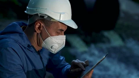 Engineer worker checking water quality of river. Wastewater treatment test Stock Footage 194559202