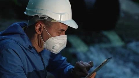 Engineer worker checking water quality of river. Wastewater treatment test Stock Footage 205315512