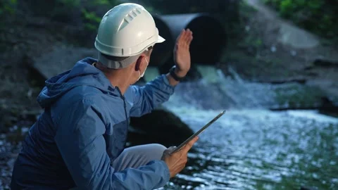 Engineer worker checking water quality of river. Wastewater treatment test Stock Footage 231964742
