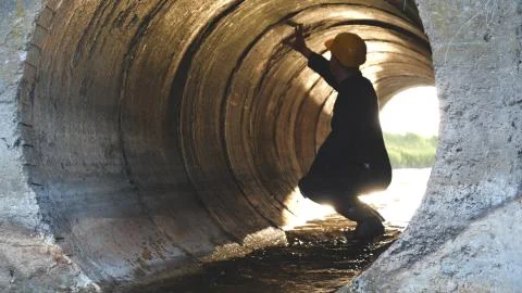 Engineer, worker checks gutters, in blue robe, in boots. Foto stock