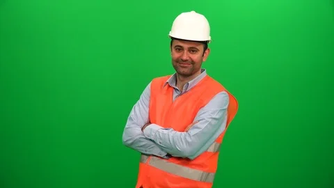 Engineer Worker Crossing His Arms and Smiling on Green Screen. Stock Footage 88656615