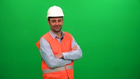 Engineer Worker Crossing His Arms and Smiling on Green Screen. Stock Footage 88660699