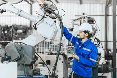 Engineer worker fix service replace broken part of automatic industry robot.. Foto stock