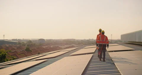 Engineer worker in a high-visibility vest walks along a solar panel array on a b Stock Footage 263908890