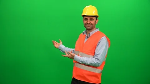Engineer Worker Making Presentation Gestures on Green Screen. Showing Back Side. Stock Footage 88652878