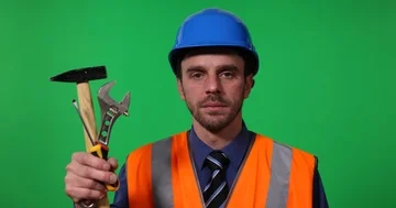 Engineer Worker Man Showing Ok Sign and Utensils Tools Green Screen Background Stock Footage 85531533