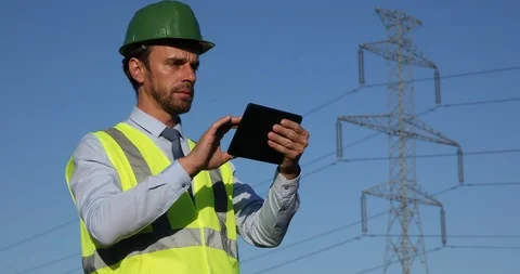 Engineer Worker Man Working on Digital Tablet Look Out Verify Electricity Pylon Stock Footage 88013830