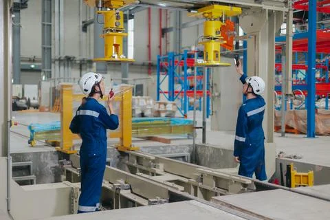 Engineer worker people working service setup large hydraulic press machine .. Foto stock