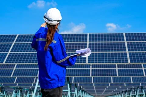 Engineer worker portrait with solar panel at solar farm Stock Photos