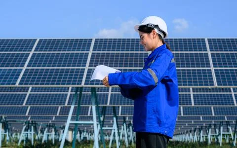 Engineer worker portrait with solar panel at solar farm Stock Photos