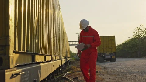 Engineer Worker in Safety Coverall Walking Along Freight Train at Industria.. Stock Footage 340562144