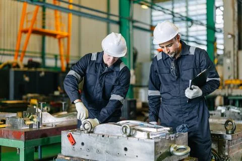 Engineer worker team service injection mold, Professional men work in die c.. Stock Photos