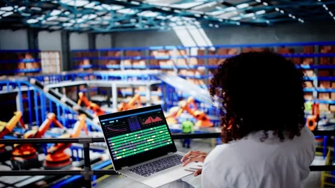 Engineer Worker Using Warehouse Automation Dashboard Stockbeeldmateriaal 305290092