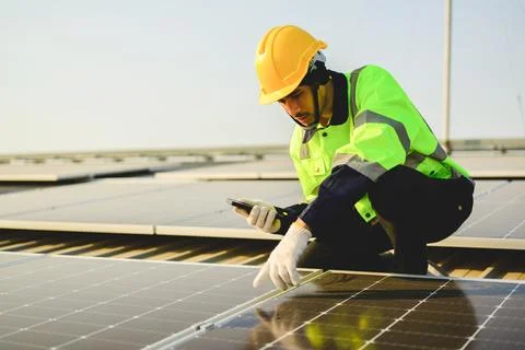Engineer worker working at solar cell power plant with sunset Stock Photos