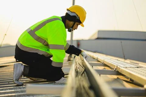 Engineer worker working at solar cell power plant with sunset Stock Photos