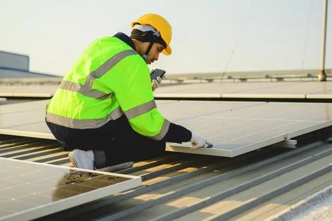 Engineer worker working at solar cell power plant with sunset Stock Photos