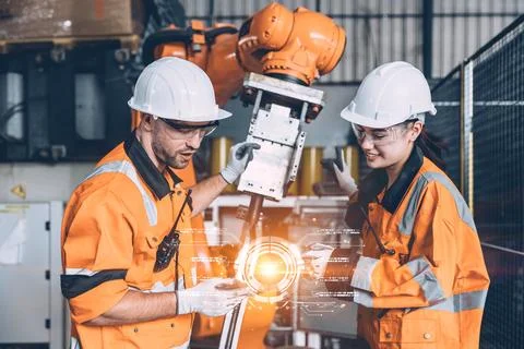 Engineer workers team with modern robotic technology digital innovation dev.. Stock Photos