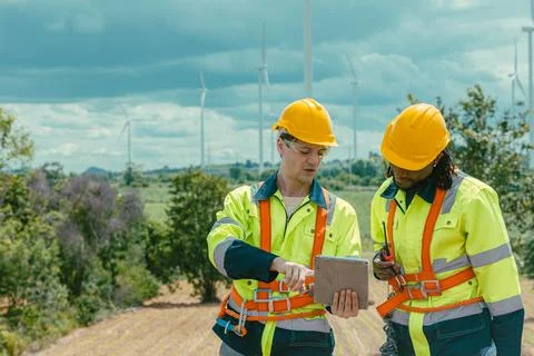 Engineer workers using tablet computer service monitor Wind Turbines status.. Stock Photos