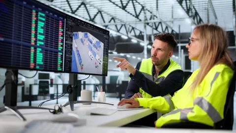 Engineer Working On 3D Factory Machine Layout And Floor Plan Stock Footage 315211008