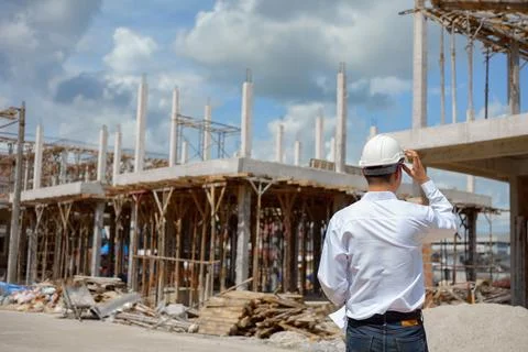 Engineer working and checking plan on construction site. Stock Photos